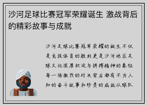 沙河足球比赛冠军荣耀诞生 激战背后的精彩故事与成就