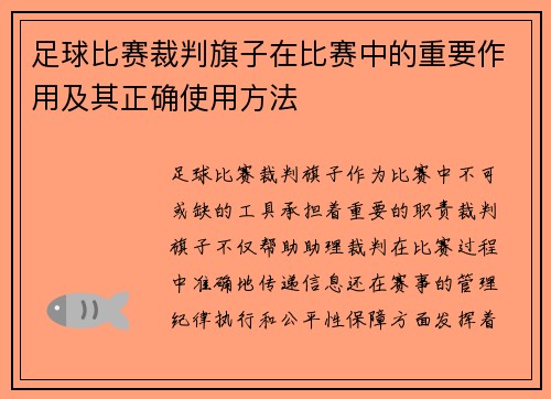 足球比赛裁判旗子在比赛中的重要作用及其正确使用方法